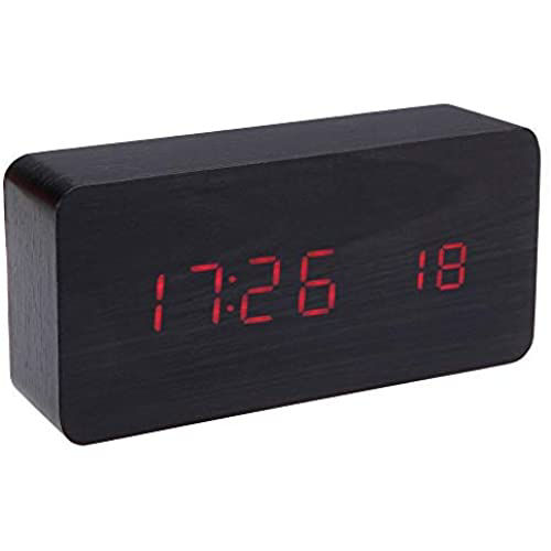 LED Wood Grain Alarm Clock with Temperature Display Black